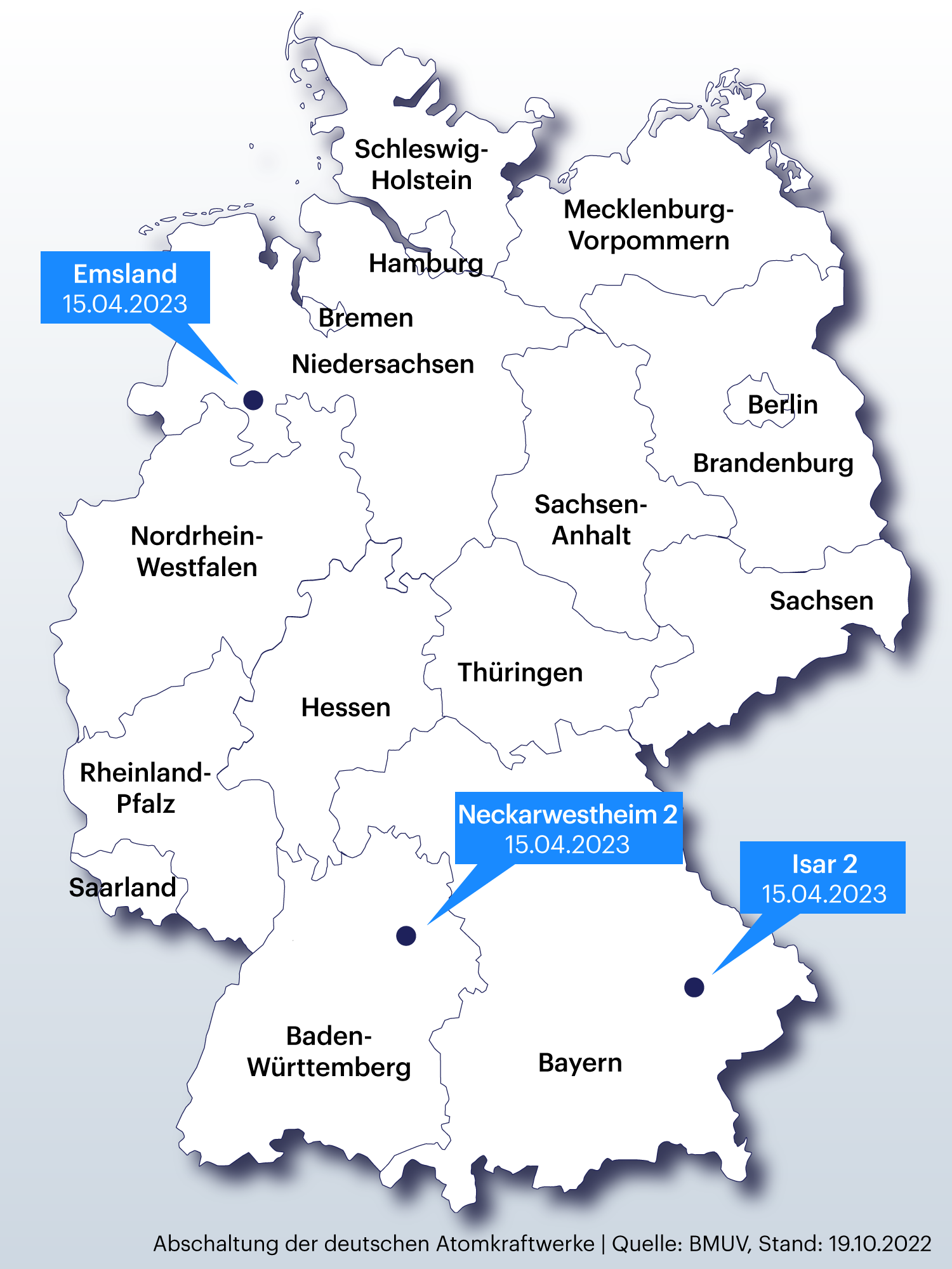 Karte zeigt die restlichen deutschen Kernkraftwerke